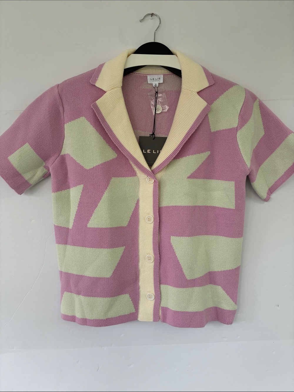 Le Lis Geometric Short Sleeve Collared Knit Cardigan Pink-Lavender Mint Small